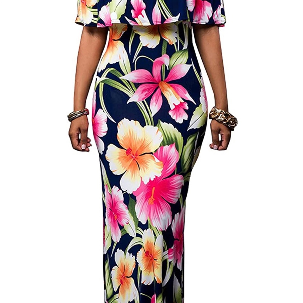 Floral Printed Off-the-Shoulder Bodycon Maxi Dress. - Picture 3 of 9